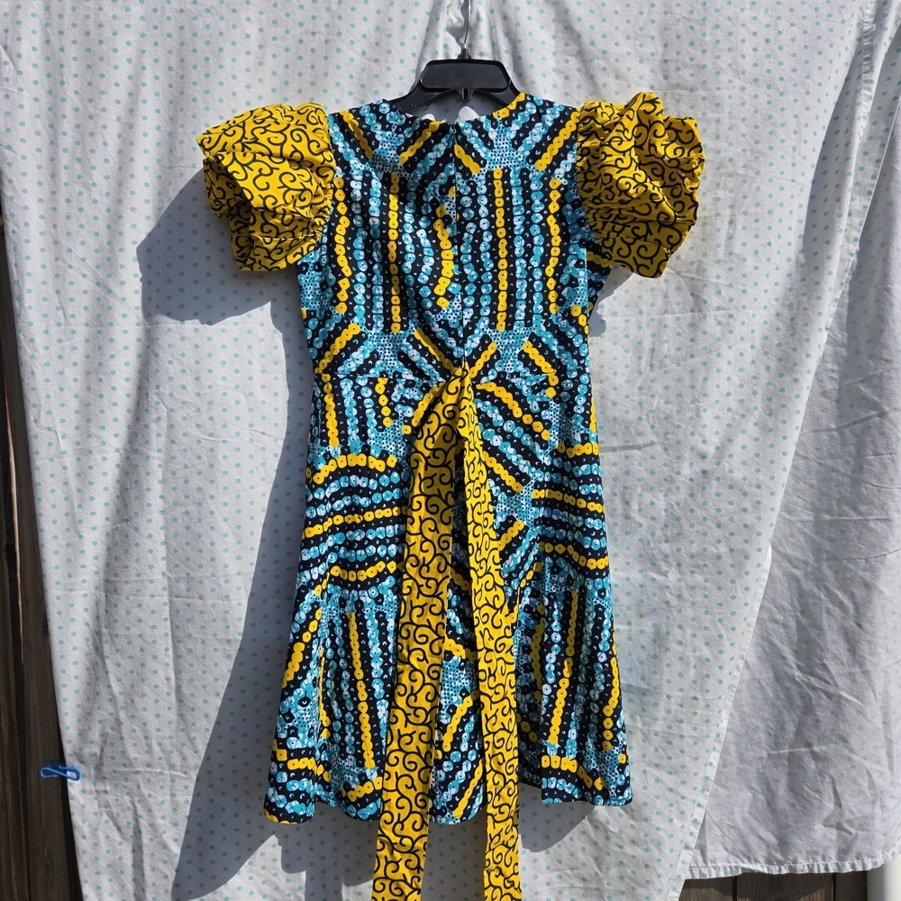 Ankara African Handmade Dress Ruff N Tumble Girls Size 17 Puffer Sleeves Belted